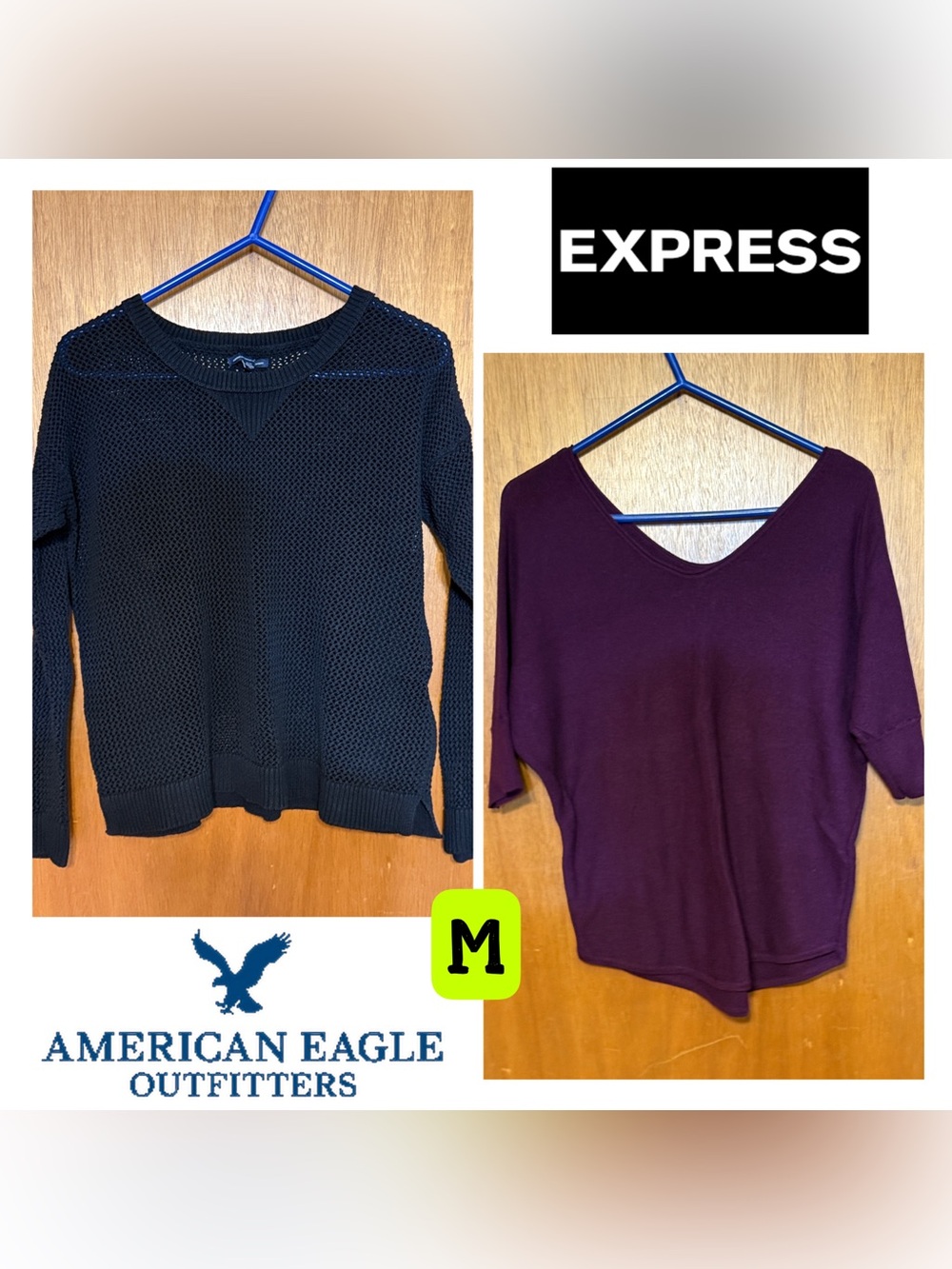 Express Plum V-Neck Dolman Sleeve Top & American Eagle Black Knit Sweater M